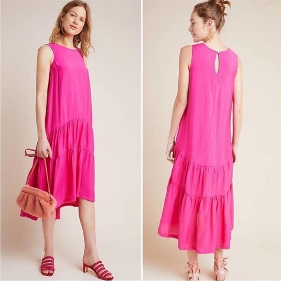 Anthropologie Maeve Marlene Tiered Midi Pink High low with pockets sleeveless - Picture 3 of 4